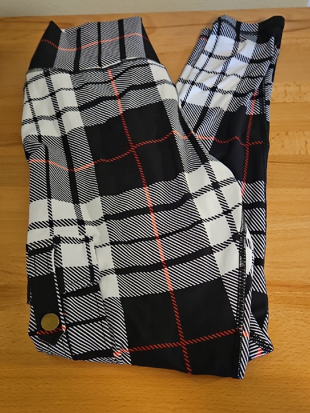 Minibeast XL Black & White Plaid Leggings with Red Stripe XL